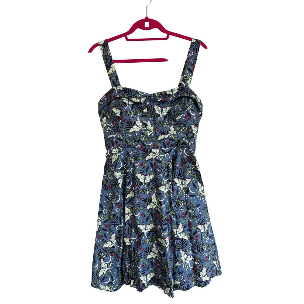 Eva Rose Luna Moth Celestial Print Fit and Flare Dress Blue Small Pockets Retro